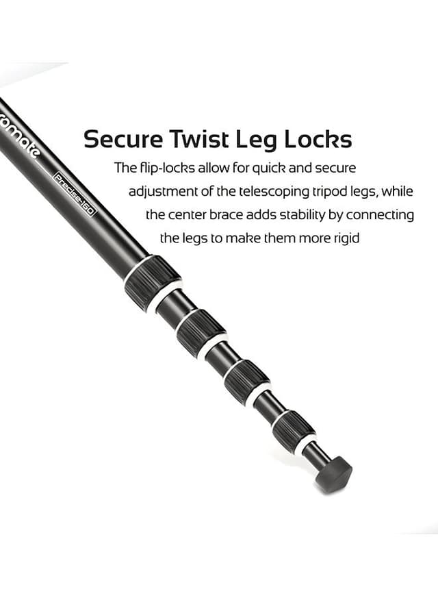 promate Travel Tripod, Professional Aluminium 160cm Tripod with Integrated Monopod and 5 Section, Dual Bubble Level, 360 Degree Head for Canon, Nikon, DSLR, Smartphones Black