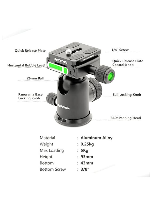 promate Travel Tripod, Professional Aluminium 160cm Tripod with Integrated Monopod and 5 Section, Dual Bubble Level, 360 Degree Head for Canon, Nikon, DSLR, Smartphones Black