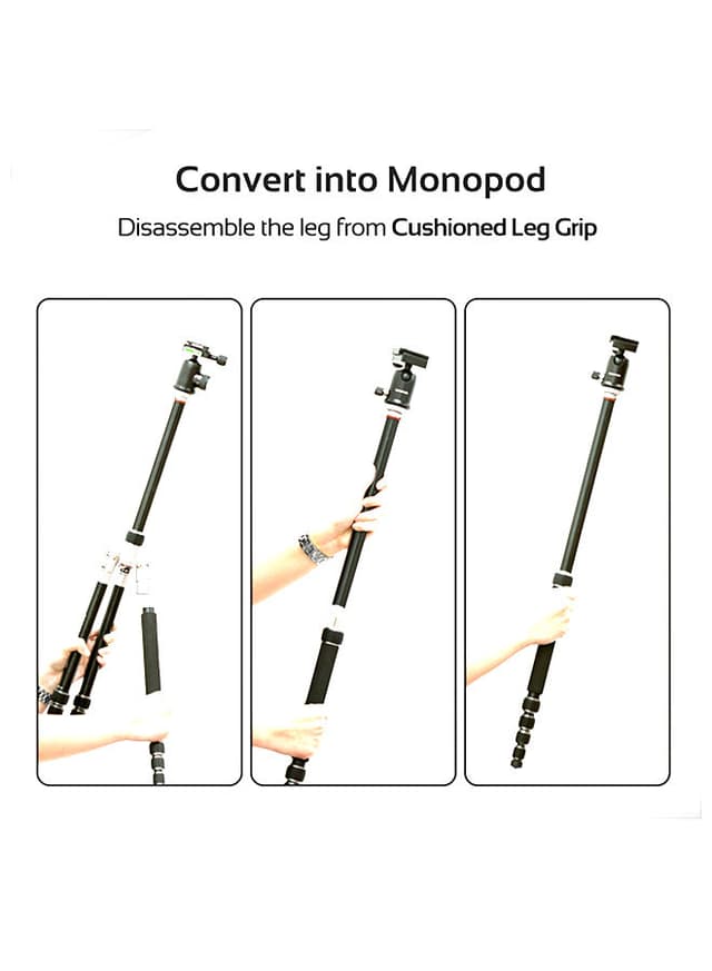 promate Travel Tripod, Professional Aluminium 160cm Tripod with Integrated Monopod and 5 Section, Dual Bubble Level, 360 Degree Head for Canon, Nikon, DSLR, Smartphones Black
