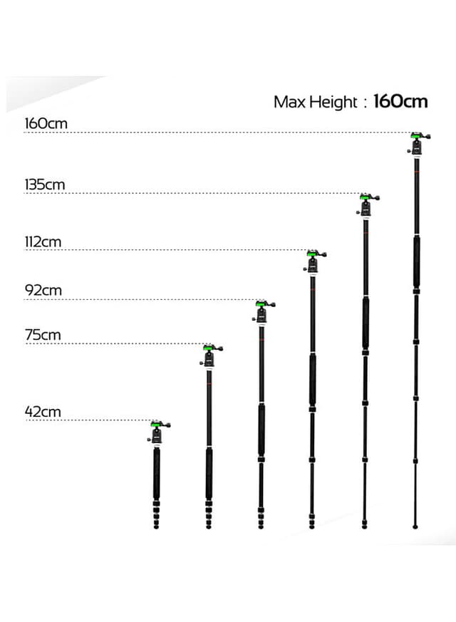 promate Travel Tripod, Professional Aluminium 160cm Tripod with Integrated Monopod and 5 Section, Dual Bubble Level, 360 Degree Head for Canon, Nikon, DSLR, Smartphones Black