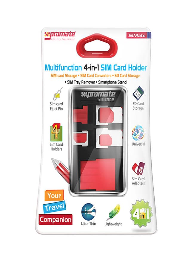 promate Card Storage Kit, Multifunction 4-In-1 Card Holder with 4 Sim Card Holder, Sim Car Adapter, Smartphone Sim Card Eject Pin, SD Card Storage Case and Smartphone Stand Black