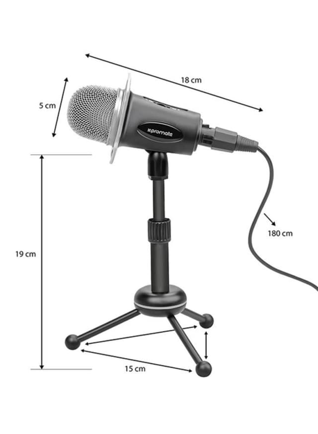 promate Desktop Microphones, 3.5mm Professional Condenser Recording Podcast Microphone with Built-In Volume Control and Tripod Stand for PC, Laptop, Skype, Vocal Recording, Tweeter-8 Tweeter-8 Black