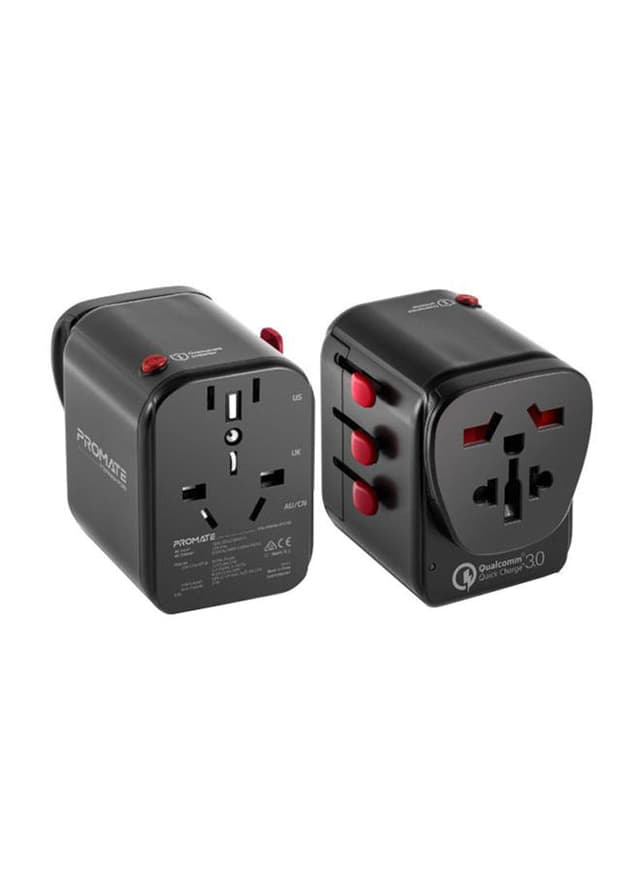 شاحن هواتف محمولة متعدد الأغراض أسود | Travel Adapter With Re-settable Fuse