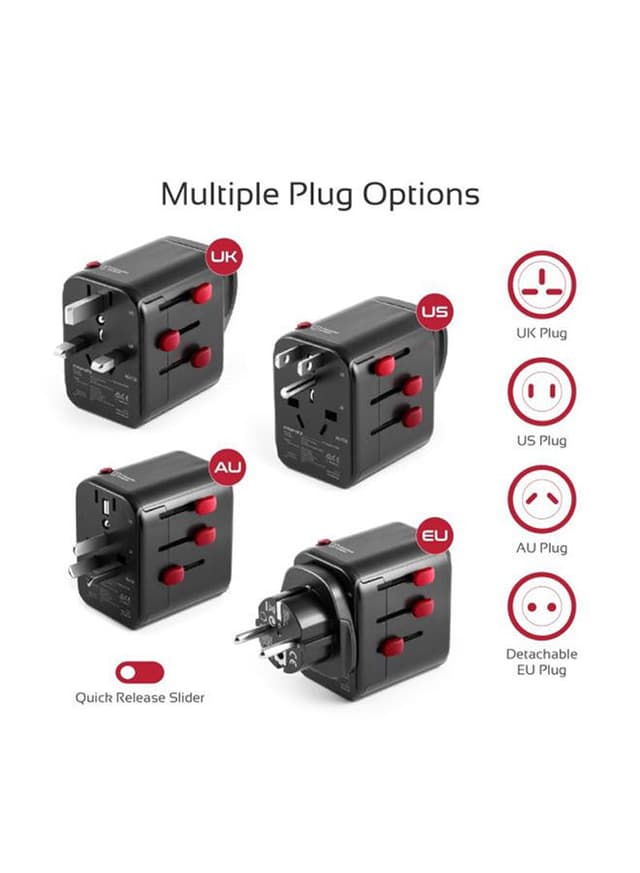 شاحن هواتف محمولة متعدد الأغراض أسود | Travel Adapter With Re-settable Fuse