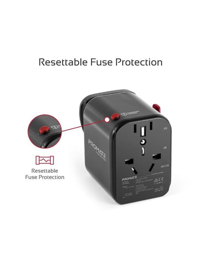 شاحن هواتف محمولة متعدد الأغراض أسود | Travel Adapter With Re-settable Fuse