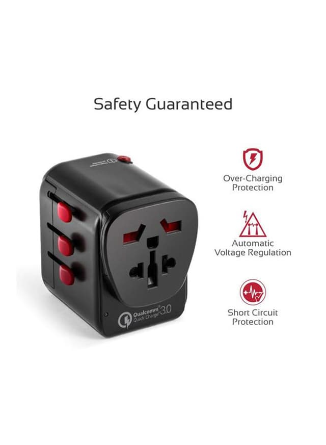 شاحن هواتف محمولة متعدد الأغراض أسود | Travel Adapter With Re-settable Fuse