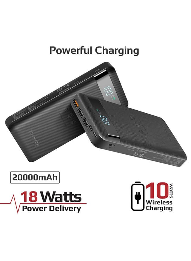 باور بانك لاسلكي متعدد المخارج 20000mAh أسود Qi Power Bank - Promate