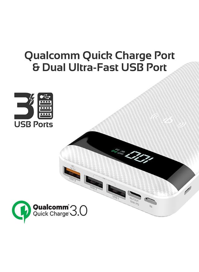 promate 20000 mAh USB-C Qi Power Bank, Qi-Certified 10W Fast Wireless Battery Charger with 18W Two-Way Type-C Power Delivery, QC 3.0 Three USB Port, LED Display , Micro USB Input for Qi and USB Enabled Devices, AuraTank-20 White White