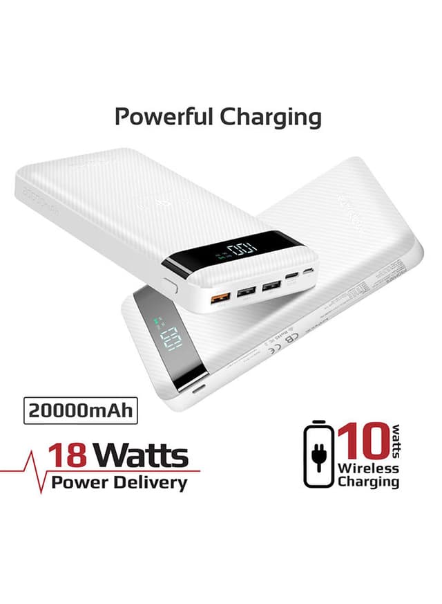 promate 20000 mAh USB-C Qi Power Bank, Qi-Certified 10W Fast Wireless Battery Charger with 18W Two-Way Type-C Power Delivery, QC 3.0 Three USB Port, LED Display , Micro USB Input for Qi and USB Enabled Devices, AuraTank-20 White White