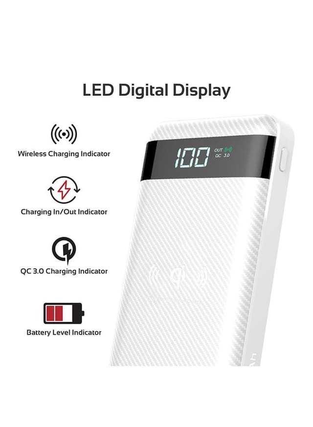 promate 20000 mAh USB-C Qi Power Bank, Qi-Certified 10W Fast Wireless Battery Charger with 18W Two-Way Type-C Power Delivery, QC 3.0 Three USB Port, LED Display , Micro USB Input for Qi and USB Enabled Devices, AuraTank-20 White White