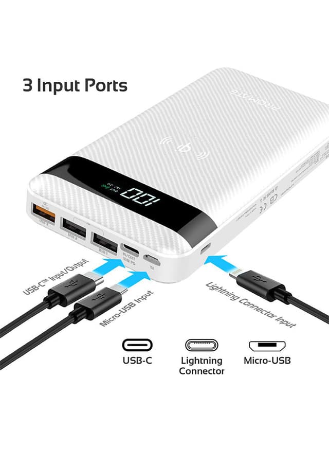 promate 20000 mAh USB-C Qi Power Bank, Qi-Certified 10W Fast Wireless Battery Charger with 18W Two-Way Type-C Power Delivery, QC 3.0 Three USB Port, LED Display , Micro USB Input for Qi and USB Enabled Devices, AuraTank-20 White White