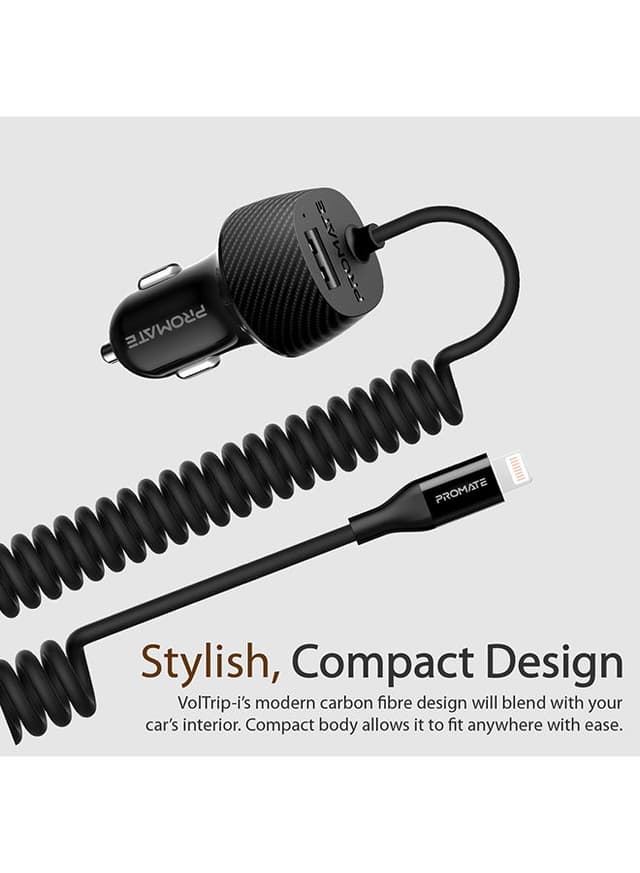 promate Premium Carbon Fibre 3.4A Car Charger with Built-In Connector Coiled Cable and 2.4A Ultra-Fast USB Charging Port, Short-Circuit Protection for Smartphones, Tablets, GPS, VolTrip-i Black