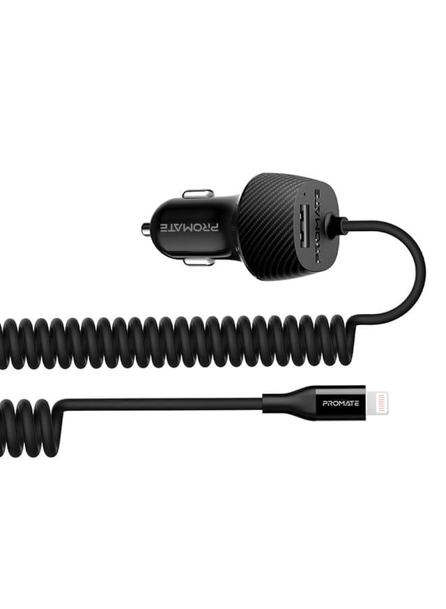 promate Premium Carbon Fibre 3.4A Car Charger with Built-In Connector Coiled Cable and 2.4A Ultra-Fast USB Charging Port, Short-Circuit Protection for Smartphones, Tablets, GPS, VolTrip-i Black