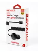 promate Premium Carbon Fibre 3.4A Car Charger with Built-In Connector Coiled Cable and 2.4A Ultra-Fast USB Charging Port, Short-Circuit Protection for Smartphones, Tablets, GPS, VolTrip-i Black
