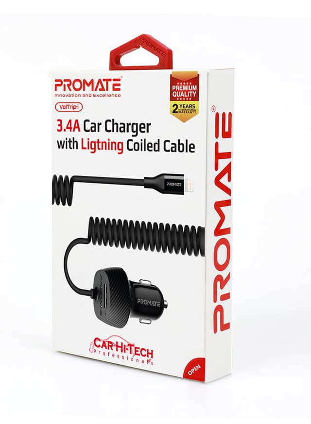 promate Premium Carbon Fibre 3.4A Car Charger with Built-In Connector Coiled Cable and 2.4A Ultra-Fast USB Charging Port, Short-Circuit Protection for Smartphones, Tablets, GPS, VolTrip-i Black