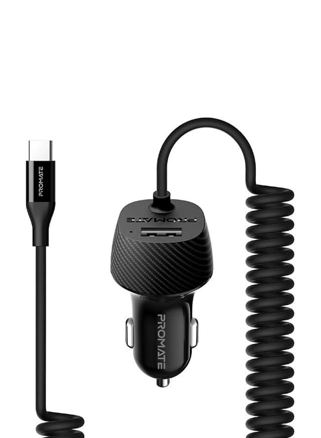 promate Type-C Car Charger Adapter, Fast Charging 3.4A USB Car Charger with Integrated Built-In Coiled USB-C Tangle-Free Cor and Short Circuit Protection for Smartphones, iPhone, GPS, VolTrip-C Black