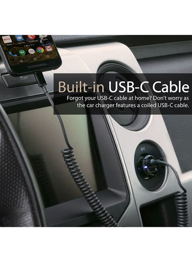 promate Type-C Car Charger Adapter, Fast Charging 3.4A USB Car Charger with Integrated Built-In Coiled USB-C Tangle-Free Cor and Short Circuit Protection for Smartphones, iPhone, GPS, VolTrip-C Black