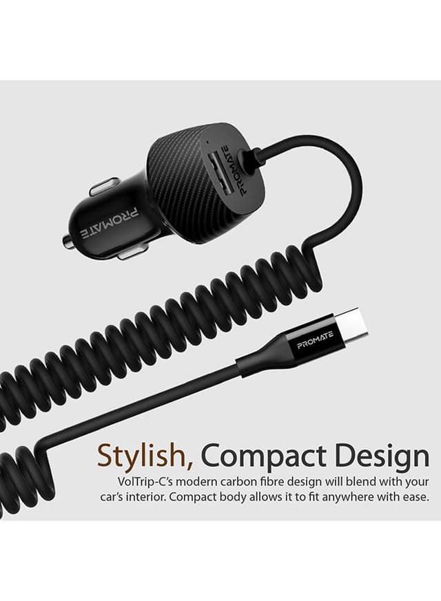 promate Type-C Car Charger Adapter, Fast Charging 3.4A USB Car Charger with Integrated Built-In Coiled USB-C Tangle-Free Cor and Short Circuit Protection for Smartphones, iPhone, GPS, VolTrip-C Black