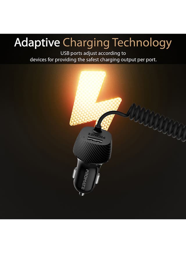 promate Type-C Car Charger Adapter, Fast Charging 3.4A USB Car Charger with Integrated Built-In Coiled USB-C Tangle-Free Cor and Short Circuit Protection for Smartphones, iPhone, GPS, VolTrip-C Black
