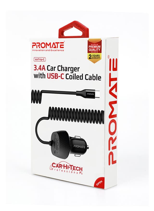 promate Type-C Car Charger Adapter, Fast Charging 3.4A USB Car Charger with Integrated Built-In Coiled USB-C Tangle-Free Cor and Short Circuit Protection for Smartphones, iPhone, GPS, VolTrip-C Black