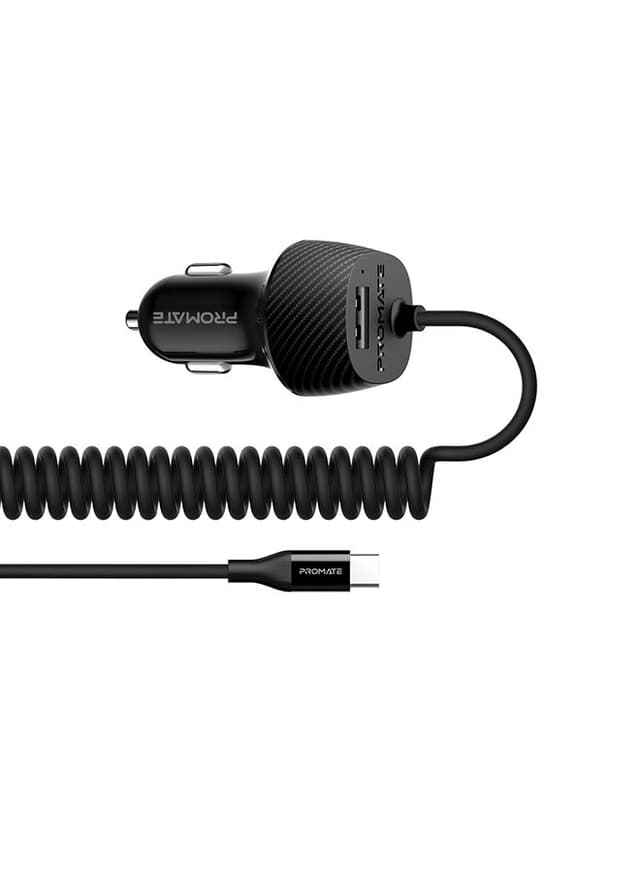 promate Type-C Car Charger Adapter, Fast Charging 3.4A USB Car Charger with Integrated Built-In Coiled USB-C Tangle-Free Cor and Short Circuit Protection for Smartphones, iPhone, GPS, VolTrip-C Black