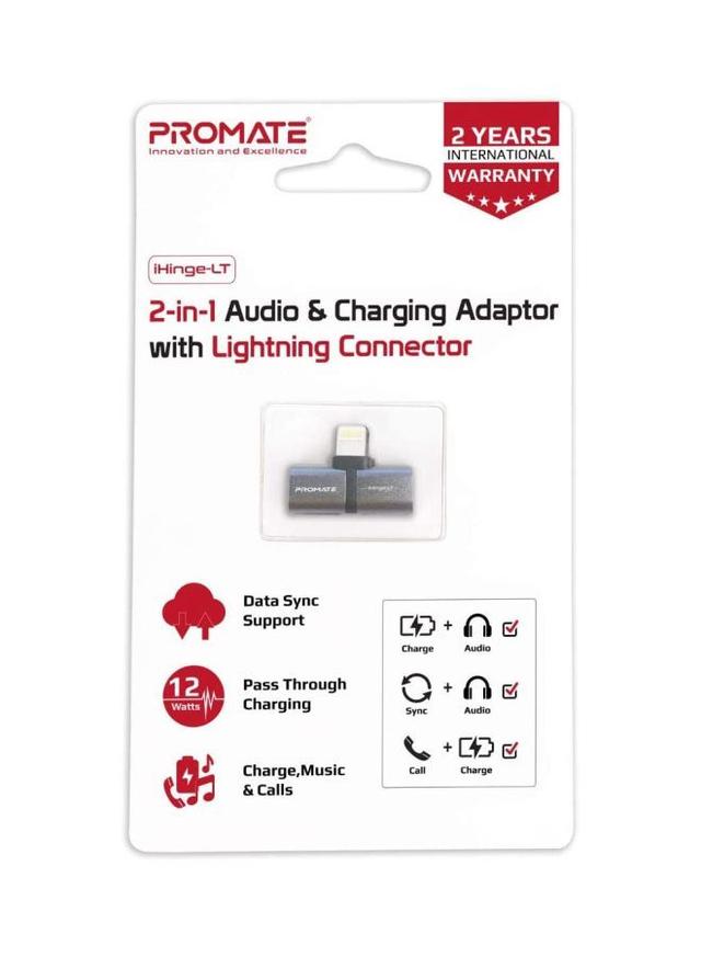 وصلة ايفون شاحن وسماعة 2 في 1 رمادي بروميت Promate Grey 2-In-1 Audio And Charging Adaptor With Connector