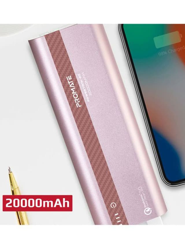 باور بانك بمخرجين 20100mAh زهري Qualcomm QC3.0 Power Bank Aluminium Portable - Promate