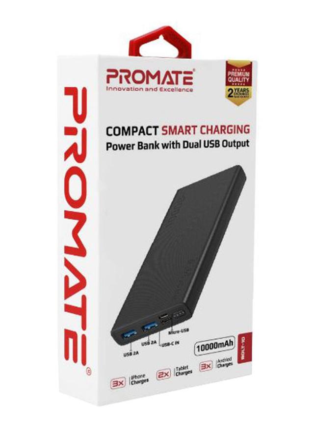 promate 10000 mAh Portable Charger, Fast Charging 2.0A Dual USB Premium Battery Power Bank with Input USB Type-C Port, Over Charging Protection For Smartphones, Tablets, iPod, Bolt-10 Black - SW1hZ2U6NTEyODc0