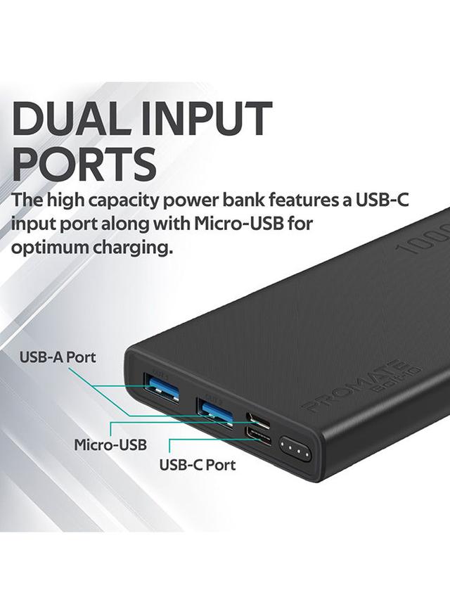 باور بانك متعدد المخارج 10000 mAh أسود Premium Battery Power Bank Over Charging Protection - Promate