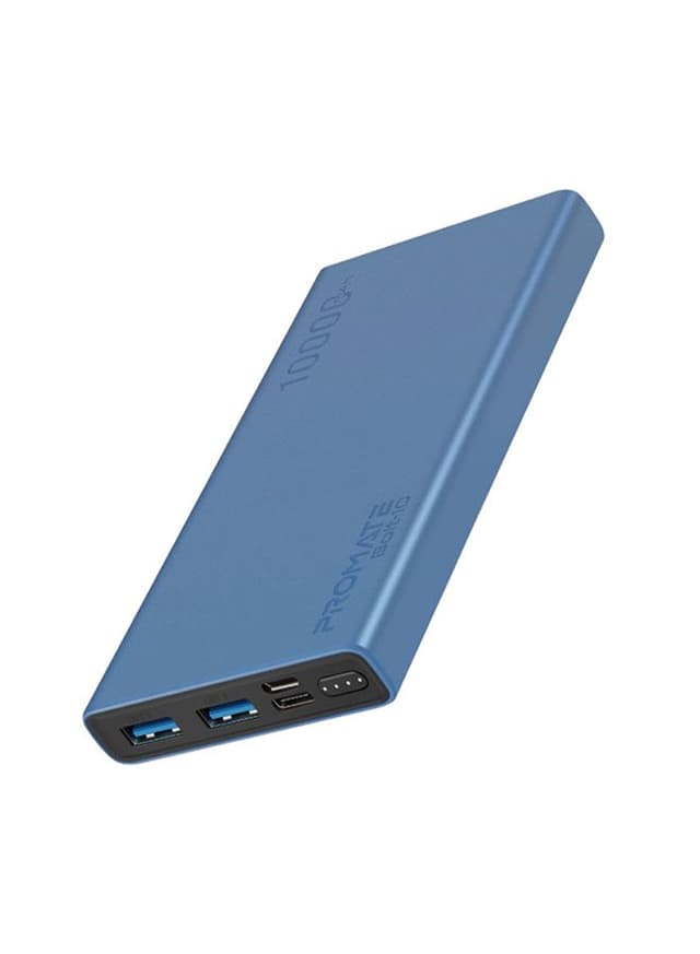باور بانك 10000 ملي أمبير بمدخلين USB-A أزرق Promate - 10000 mAh Portable Charger, Fast Charging 2.0A Dual USB Premium Battery Power Bank with Input USB Type-C Port, Blue
