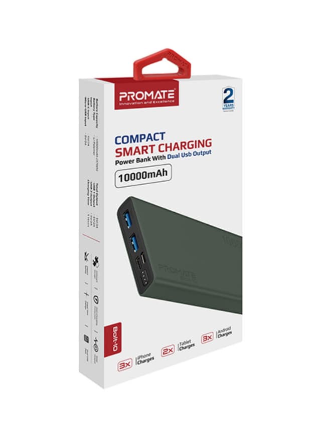 باور بانك 10000 ملي أمبير بمدخلين USB-A أزرق Promate - 10000 mAh Portable Charger, Fast Charging 2.0A Dual USB Premium Battery Power Bank with Input USB Type-C Port, Blue