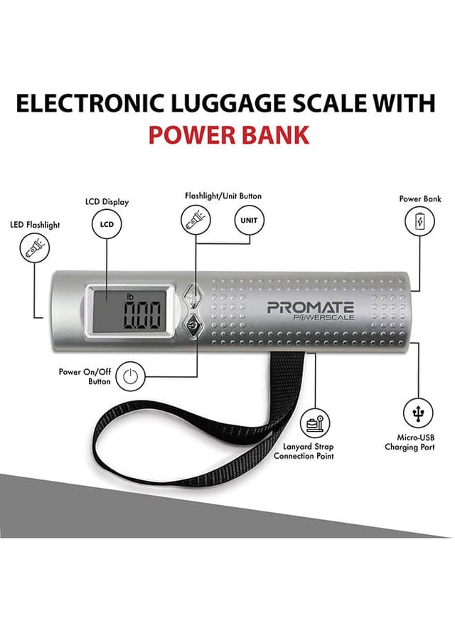 promate Digital Luggage Scale with Power Bank, Multi-Function 3-in-1 Travel Weighing Scale with 2600mAh Power Bank, USB Port and Built-In LED Torch For Baggage Weight, Travel, PowerScale Silver - 201037