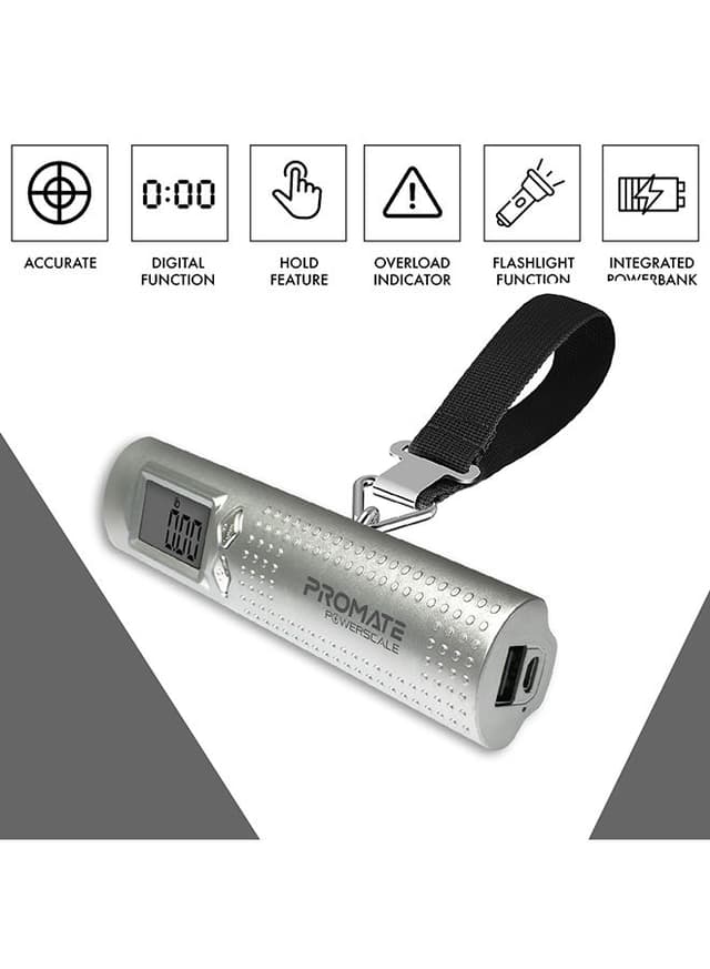 promate Digital Luggage Scale with Power Bank, Multi-Function 3-in-1 Travel Weighing Scale with 2600mAh Power Bank, USB Port and Built-In LED Torch For Baggage Weight, Travel, PowerScale Silver - 201038