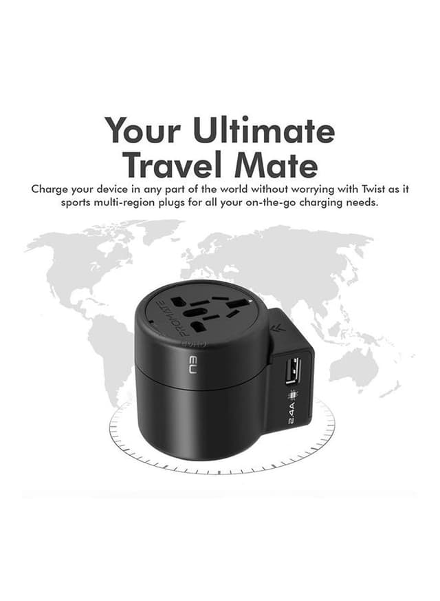 promate Twist Universal Travel Adapter Black