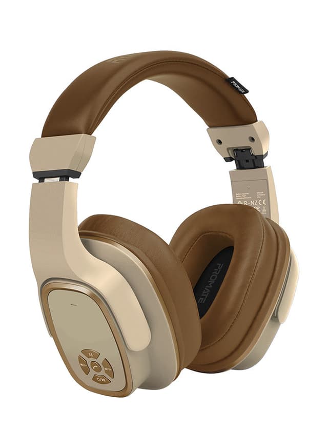 promate Wireless Headphone with Speaker, 2-in-1 High Definition Bluetooth v5.0 Headphone with Built-in 6W Speaker, Mic, 12H Playtime, MicroSD Card Slot, FM Radio and AUX Port for Smartphones, Tablets, iPod Brown/Beige