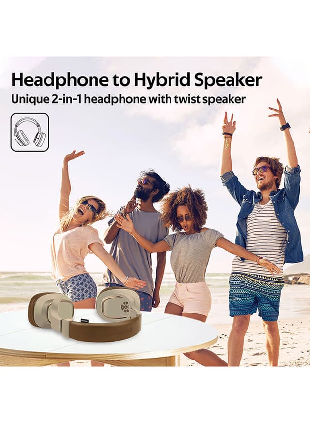 promate Wireless Headphone with Speaker, 2-in-1 High Definition Bluetooth v5.0 Headphone with Built-in 6W Speaker, Mic, 12H Playtime, MicroSD Card Slot, FM Radio and AUX Port for Smartphones, Tablets, iPod Brown/Beige