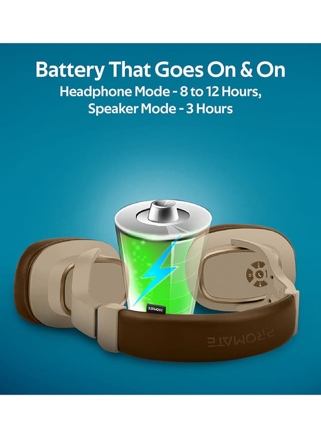 promate Wireless Headphone with Speaker, 2-in-1 High Definition Bluetooth v5.0 Headphone with Built-in 6W Speaker, Mic, 12H Playtime, MicroSD Card Slot, FM Radio and AUX Port for Smartphones, Tablets, iPod Brown/Beige