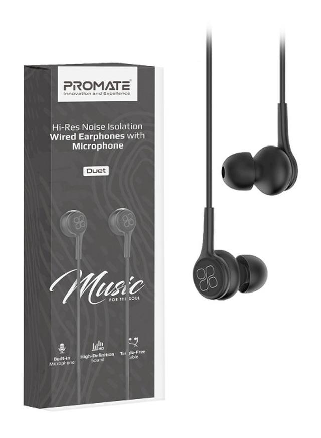 promate Universal Dynamic Hi-Res Noise Isolating Wired Earphones with Built-In Mic, Remote Control, HD Sound Quality and 1.2m Tangle-Free Cord For Smartphones, Tablets, Pc, MP3 Player, Duet 1.2meter Black - SW1hZ2U6NTEzOTM1