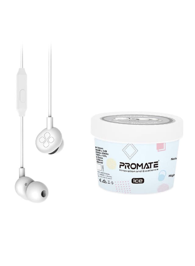 promate In-Ear Headphones, Premium Audio Enhanced Wired Earphones with Dynamic HD Driver, Hi-Res Built-In Mic, Comfortable Earbuds and 1.2m Tangle-free Cord for Smartphones, Tablets, Pc, MP3 Player, ICE 1.2meter White