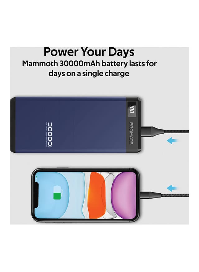 باور بانك للابتوب متعدد المخارج 30000mAh كحلي Power Bank For Laptop - Promate