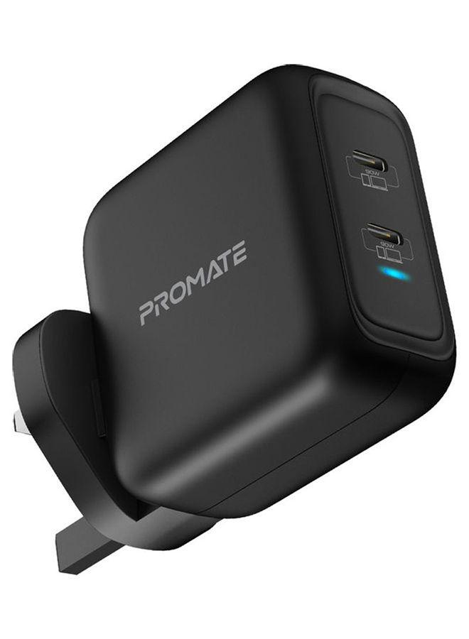 promate Powerful 90W Dual USB-C Laptop Charger With Fast Charging GaN Technology Power Delivery Wall Adaptor And Adaptive Fast Charging For MacBook Pro, iPad Pro, iPhone 12 Series, iPad Air, GaNPort-90PD Black