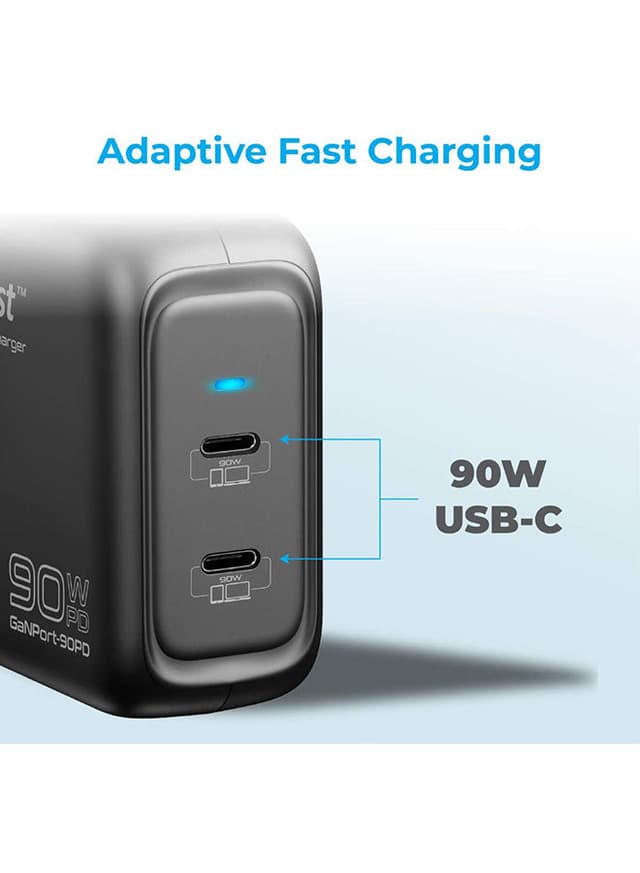 promate Powerful 90W Dual USB-C Laptop Charger With Fast Charging GaN Technology Power Delivery Wall Adaptor And Adaptive Fast Charging For MacBook Pro, iPad Pro, iPhone 12 Series, iPad Air, GaNPort-90PD Black - 200501