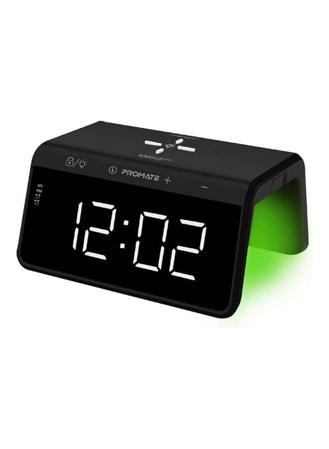 ساعة مع منبه مع شحن لاسلكي Qi 10 واط - أسود Promate - Digital Alarm Clock With Wireless Charging Black