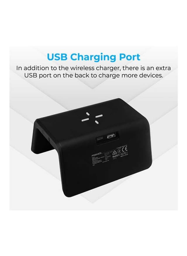 promate Digital Alarm Clock With Wireless Charging Black