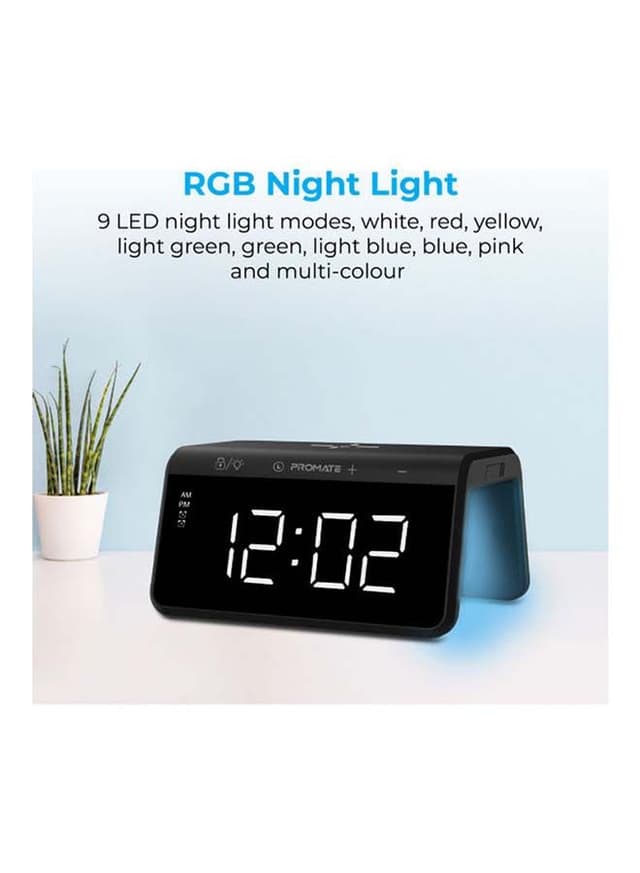 promate Digital Alarm Clock With Wireless Charging Black