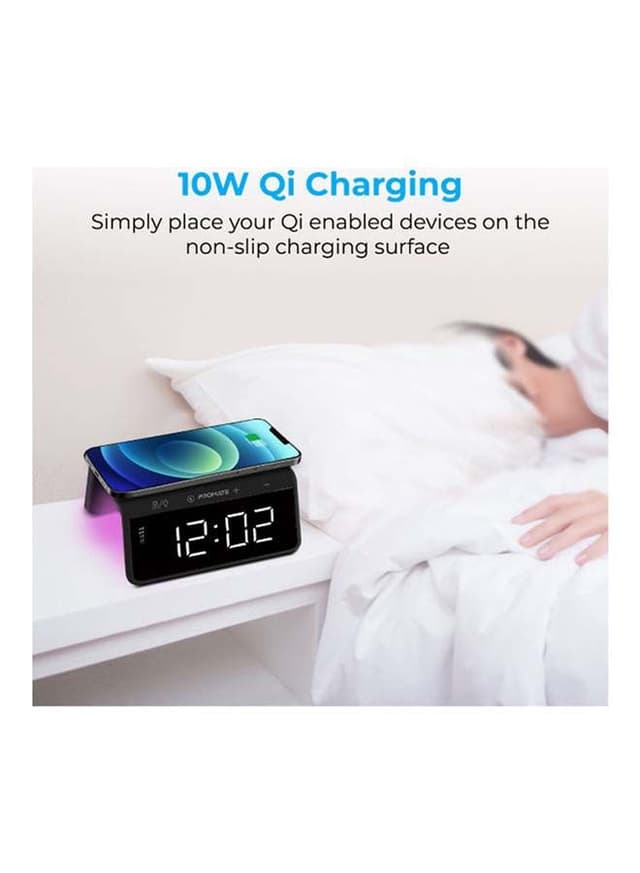 promate Digital Alarm Clock With Wireless Charging Black