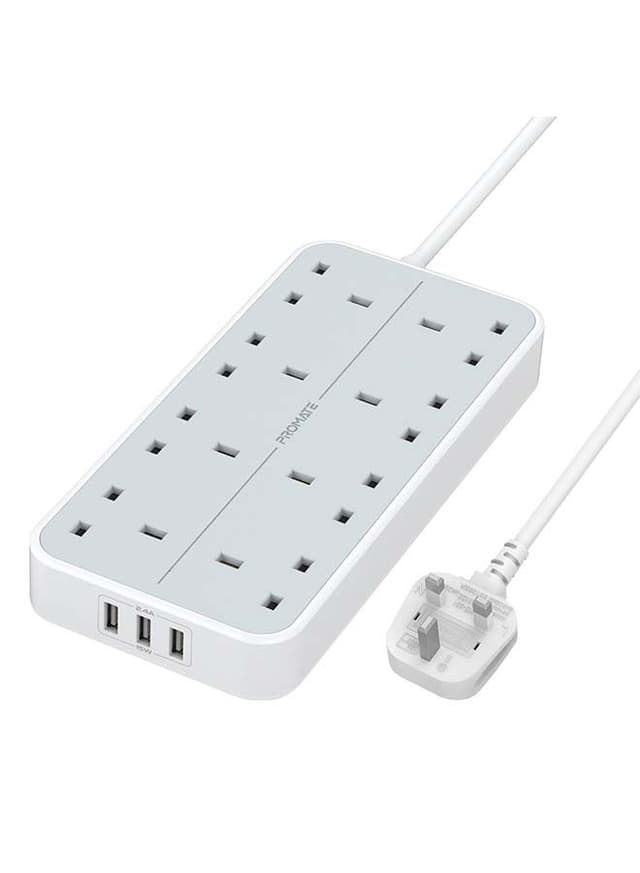promate 11-in-1 Surge Protector Power Extension with Massive 3250W 8 AC Outlets, 3 USB Intellicharge Ports and 2M Cord Length White