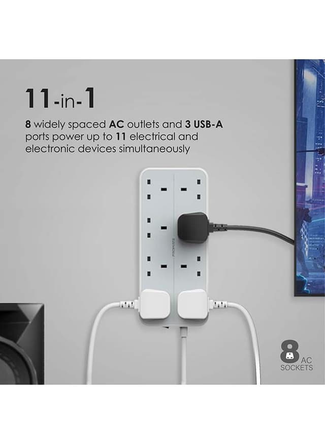 promate 11-in-1 Surge Protector Power Extension with Massive 3250W 8 AC Outlets, 3 USB Intellicharge Ports and 2M Cord Length White