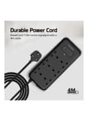 promate Premium Surge Protector Power Extension with 4M Cord Length, 3250W 6 AC Outlets, Fast Charging 3.4A 4 USB Ports Black