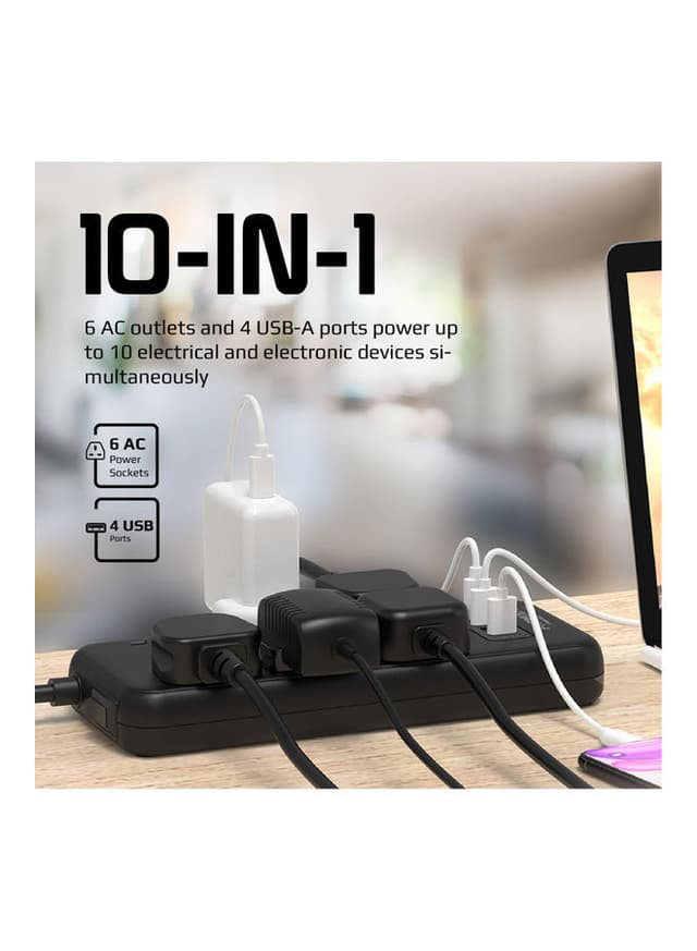 promate Premium Surge Protector Power Extension with 4M Cord Length, 3250W 6 AC Outlets, Fast Charging 3.4A 4 USB Ports Black